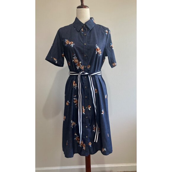 Petal Lush Denim  Midi Shirt Dress Womens M Blue Jean Embroidered Button Up - Picture 1 of 9